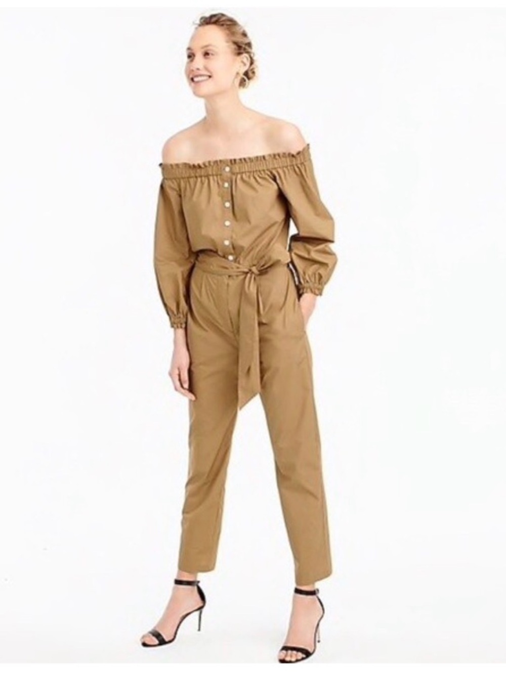 J. Crew Off-the-Shoulder Tie-Waist Jumpsuit in Camel